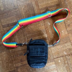 Isaac Mizrahi Black Quilted Crossbody Bag with Rainbow Strap